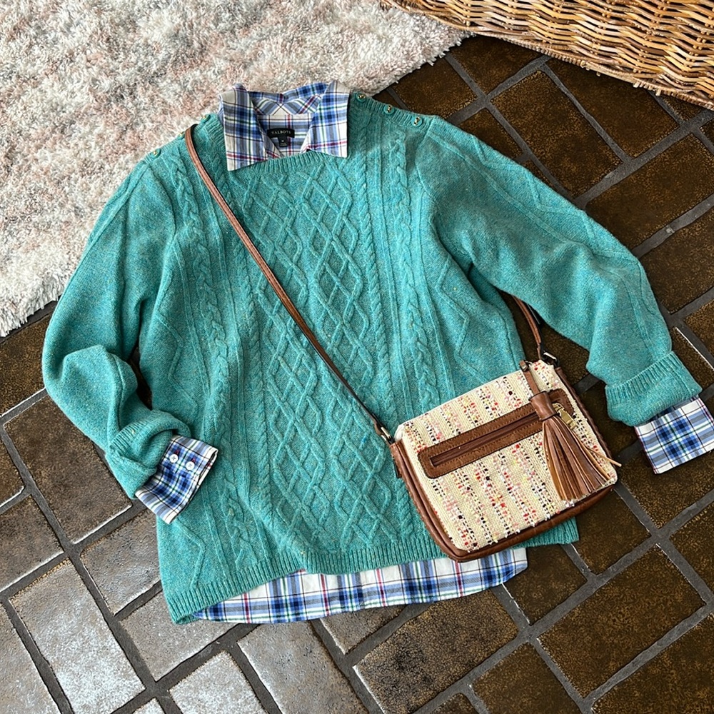NWOT Appleseed’s Teal Confetti Knit Wool Cable Knit Crew Neck Sweater - Picture 2 of 16
